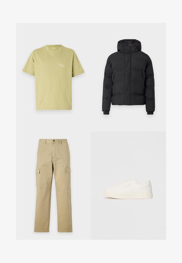 Zwarte gewatteerde jas met een capuchon, voorzien van een ritssluiting aan de voorkant en met ritssluitingen afgesloten steekzakken aan de zijkant. Gemaakt van een glad, waterbestendig materiaal.; Lichtgroene katoenen t-shirt met korte mouwen, een ronde halslijn en een klein wit logo tekst op de linkerborst.; Beige cargobroek van katoen, met twee zijzakken, een knoopsluiting en rechte pijpen van een licht gestructureerde stof.; Witte instap sneakers met een gestructureerd oppervlak, een dikke zool en een minimalistisch ontwerp. Bevat het merklogo aan de zijkant.