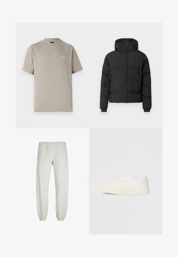 Črna podložena jakna s kapuco, z zadrgo spredaj in stranskimi žepki z zadrgo. Izdelana iz gladkega, vodoodpornega materiala.; Kaki majica s kratkimi rokavi in okroglo ovratnikom, izdelana iz bombaža, z majhnim natisnjenim napisom na zgornjem levem prsnem predelu.; Bele trenerke narejene iz mehkega blaga, z elastičnim pasom in manšetami, gladke teksture in ohlapnega kroja.; Bele zapete brez vezalk z teksturirano površino, debelim podplatom in minimalističnim dizajnom. Na strani se nahaja logotip blagovne znamke.