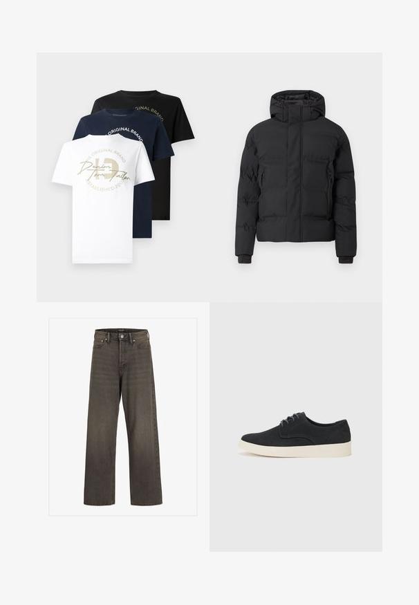 Zwarte gewatteerde jas met een capuchon, voorzien van een ritssluiting aan de voorkant en met ritssluitingen afgesloten steekzakken aan de zijkant. Gemaakt van een glad, waterbestendig materiaal.; Drie ronde hals T-shirts in wit, marineblauw en zwart katoen, met een gouden grafisch logo op het witte shirt en tekst in een cirkelontwerp.; Wijde jeans in donkergrijze denim met een hoge taille, een klassieke vijf-pocketontwerp en contrasterende stiksels langs de naden.; Zwarte suède veterschoenen met een ronde neus, een lichte roomkleurige zool en subtiele blauwe stikselaccenten op het bovenwerk.