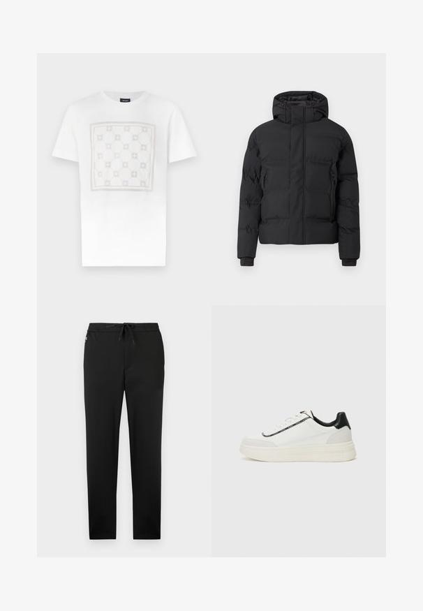 Casaco acolchoado preto com capuz, com fecho de correr frontal e bolsos laterais com fecho de correr. Feito de um material liso e resistente à água.; T-shirt de algodão branca com um padrão quadrado grande e subtil em bege claro, com formas arredondadas e detalhes, finalizada com um decote redondo.; Jack & Jones JPSTACE NEO JOGGER - Calças - black; Sapatilha branca com detalhes em couro preto, sola texturizada, atacadores e uma faixa com logótipo ao longo do lado. Apresenta um acabamento suave e em camurça.
