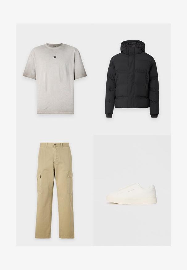Svart vadderte jakke med hette, utstyrt med frontglidelås og glidelåslommer på sidene. Laget av et glatt, vannavstøtende materiale.; Grå bomulls t-skjorte med rund hals, korte ermer og en liten svart logo på brystet. Glatt tekstur, avslappet passform og minimalistisk design.; Beige cargo bukser laget av bomull, med to sidelommer, knappelukking, og rette ben med et lett strukturert stoff.; Hvite slip-on joggesko med teksturert overflate, tykk såle og minimalistisk design. Har merkevarelogo på siden.