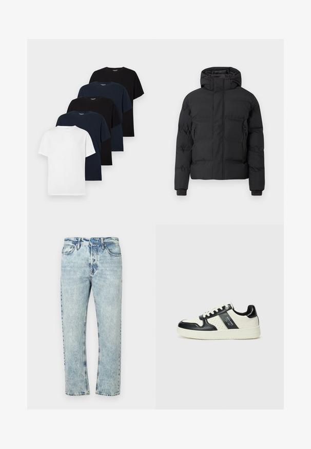 Crna podstavljena jakna s kapuljačom, s prednjim patentnim zatvaračem i bočnim džepovima na patentni zatvarač. Izrađena od glatkog, vodootpornog materijala.; Pet kratkih rukava majica s okruglim izrezom u crnoj, tamnoplavoj i bijeloj boji, raspoređene u pomaknutom redu na bijeloj pozadini.; Svijetloplave traperice ravnog kroja, izblijedjeli efekt, standardni stil s pet džepova i zatvaranje na gumbe.; Kožne tenisice s crno-bijelom paletom boja, koje imaju perforirane akcentne detalje, podstavljeni ovratnik i teksturiranu potplat.