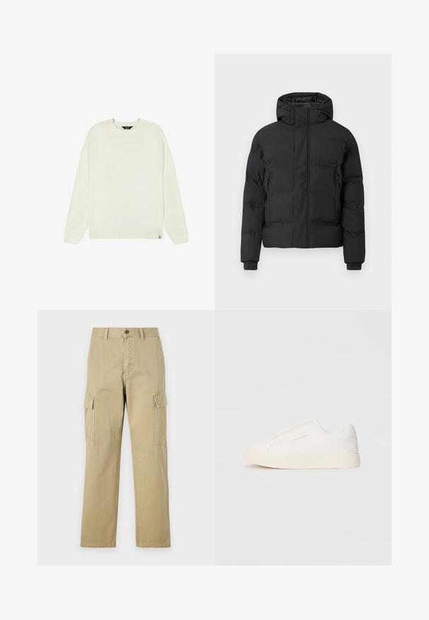 Svart vadderad jacka med huva, med en frontdragkedja och sidofickor med dragkedja. Tillverkad av ett smooth, vattenavvisande material.; Lee WAFFLE TEE - REGULAR FIT - Långärmad tröja - ecru; Beige cargobyxor i bomull, med två sidofickor, knappstängning och raka ben i ett något texturerat tyg.; Vita slip-on sneakers med en texturerad yta, en tjock sula och minimalistisk design. Har varumärkeslogotypen på sidan.