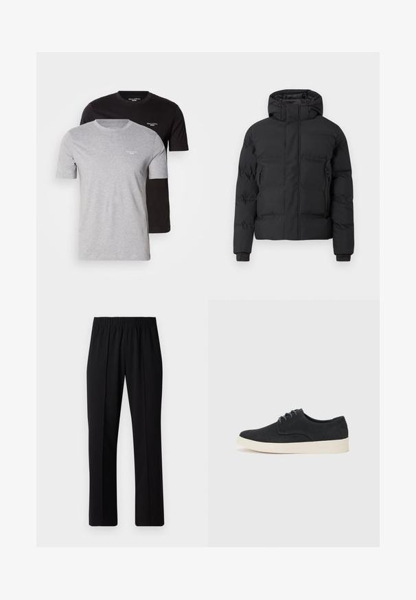 Svart vadderte jakke med hette, utstyrt med frontglidelås og glidelåslommer på sidene. Laget av et glatt, vannavstøtende materiale.; To korte ermer t-skjorter: en grå og en svart. Begge har rund hals og en liten hvit logo på brystet. Laget av bomull.; Svart, elastisk midjebukser med rett ben-design, med en glatt tekstur og uten synlige mønstre eller maskinvare.; Sorte svinedersko med snøring og rund tå, lett kremfarget såle og subtile blå broderi detaljer på overdelen.
