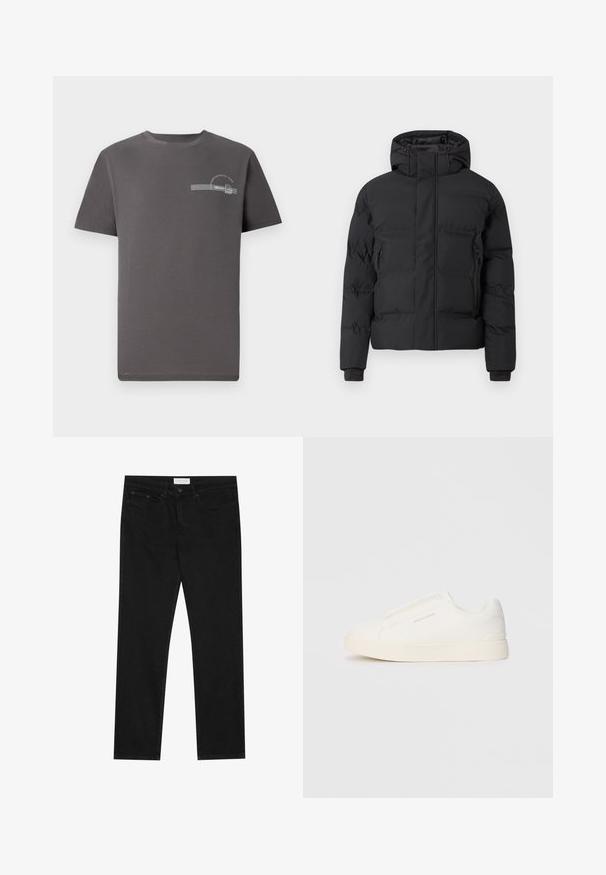 Sort polstret jakke med hætte, der har en frontlynlås og sidelommer med lynlås. Fremstillet af et glat, vandafvisende materiale.; Grå bomulds t-shirt med korte ærmer, rund halsudskæring, et lille trykt design på brystet, som har tekst og en stribet accent.; Sorte lige ben jeans med fem-lomme design, knap- og lynlåslukning samt et Pier One mærkeetiket på taljen.; Hvide slip-on sneakers med en struktureret overflade, en tyk sål og et minimalistisk design. Har brandlogoet på siden.