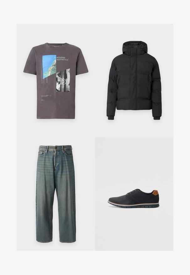 Czarna, pikowana kurtka z kapturem, zapinana na zamek z przodu, z bocznymi kieszeniami na zamek. Wykonana z gładkiego, wodoodpornego materiału.; Szara bawełniana koszulka z krótkim rękawem, z okrągłym dekoltem, z graficznym nadrukiem w niebieskie i czarne kształty geometryczne oraz tekst.; Jasnoniebieskie dżinsy o luźnym kroju, średnim stanie i prostych nogawkach. Posiadają pięć kieszeni, szlufki na pasek oraz zapięcie na guzik.; Czarne syntetyczne buty z fakturowaną cholewką, gładkimi akcentami, brązowym obcasem i kontrastującą podeszwą. Charakteryzują się minimalnym sznurowaniem i detalami w szwach.
