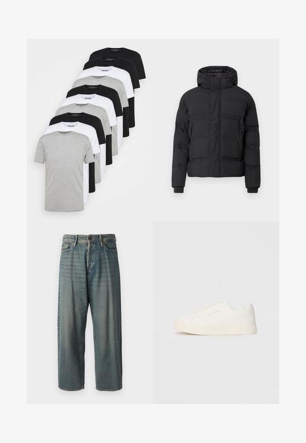 Casaco acolchoado preto com capuz, com fecho de correr frontal e bolsos laterais com fecho de correr. Feito de um material liso e resistente à água.; Denim Project 10 PACK - T-shirt básica - black/white/light grey melange; Jeans de ganga azul claro com um corte solto, cintura média e pernas retas. Apresenta cinco bolsos, passadores de cinto e fecho com botão.; Sapatilhas brancas de atacar com uma superfície texturizada, sola grossa e design minimalista. Possui o logo da marca na lateral.