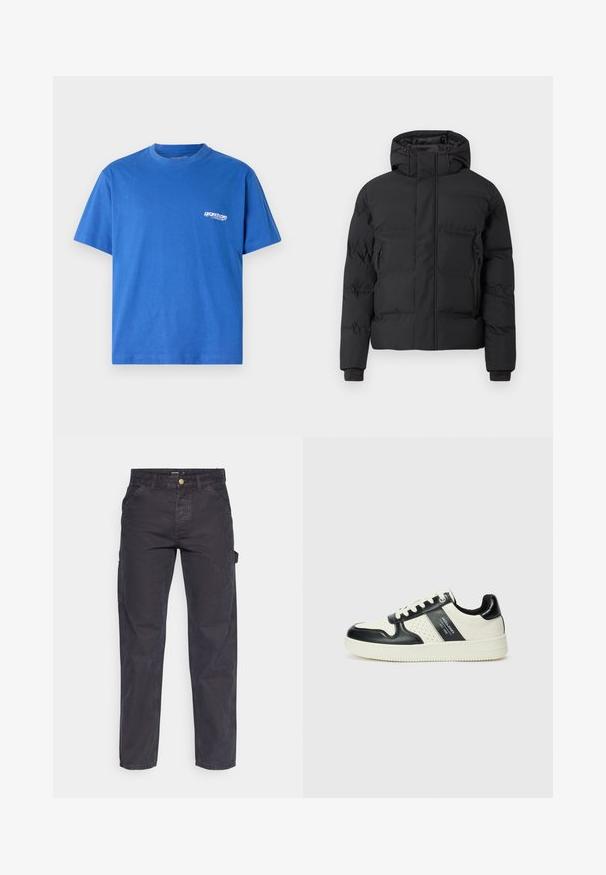 Giacca imbottita nera con cappuccio, dotata di cerniera frontale e tasche laterali con zip. Realizzata in materiale liscio e resistente all'acqua.; T-shirt in cotone blu con maniche corte, scollo rotondo e piccolo logo bianco sul petto sinistro. Tessuto morbido, vestibilità standard.; Pantaloni cargo grigio scuro realizzati in tessuto resistente, con un taglio dritto, cinque tasche e chiusura a bottoni in vita.; Sneakers in pelle con una combinazione di colori nero e crema, dotati di dettagli perforati, collare imbottito e suola testurizzata.