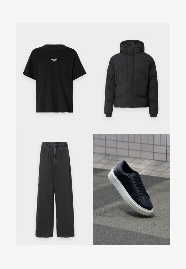 Crna podstavljena jakna s kapuljačom, s prednjim patentnim zatvaračem i bočnim džepovima na patentni zatvarač. Izrađena od glatkog, vodootpornog materijala.; Crna pamučna majica s opuštenim krojem, kratkim rukavima i okruglim izrezom. Ima bijeli ispis s prednje strane "ESS.WRD." i jednostavan dizajn.; Crne traperice širokih nogavica visoko strukirane s prednjim gumbom i zatvaračem, koje imaju bočne džepove i glatku teksturu.; Crne kožne tenisice s zaobljenim vrhom i bijelim gumiranim potplatom. Imaju ravne vezice i minimalno šivanje na gornjem dijelu. Teksturirani potplat za bolje prianjanje.