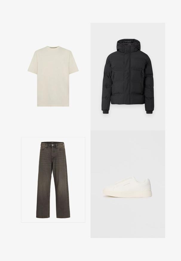 Čierna prešívaná bunda s kapucňou, vybavená predným zipsom a bočnými vreckami na zips. Vyrobená z hladkého, vodeodolného materiálu.; Svetlo béžové bavlnené tričko s klasickým okrúhlym výstrihom a krátkymi rukávmi. Jednoduchý, neupravovaný dizajn. Mäkká textúra, bežný strih.; Džínsy s širokými nohavicami v tmavošedej džínsovine, s vysokým pásom, klasickým dizajnom s piatimi vreckami a kontrastným šitím pozdĺž švov.; Biele slip-on tenisky s textúrovaným povrchom, hrubou podrážkou a minimalistickým dizajnom. Obsahuje logo značky na boku.