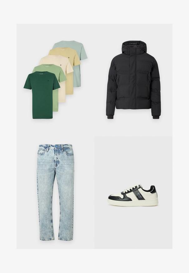 Mustast pehmendatud jope kapuutsiga, millel on ees tõmblukk ja külgedel tõmblukuga taskud. Valmistatud sileda, veekindla materjaliga.; Viis T-särki, mis on välja pandud rohelise ja heleda beeži gradienti järgi. Valmistatud puuvillast, ümmarguse kaelusega ja lühikeste varrukatega. Igal särgil on väike logo.; Hele sinised teksapüksid sirge säärega, tuhmunud pesu, standardse viie taskuga ja nööpkinnitusega.; Nahatud nahkkingad musta ja kreemi värviskeemiga, millel on perforeeritud aktsendid, pehme krae ja tekstureeritud tallad.