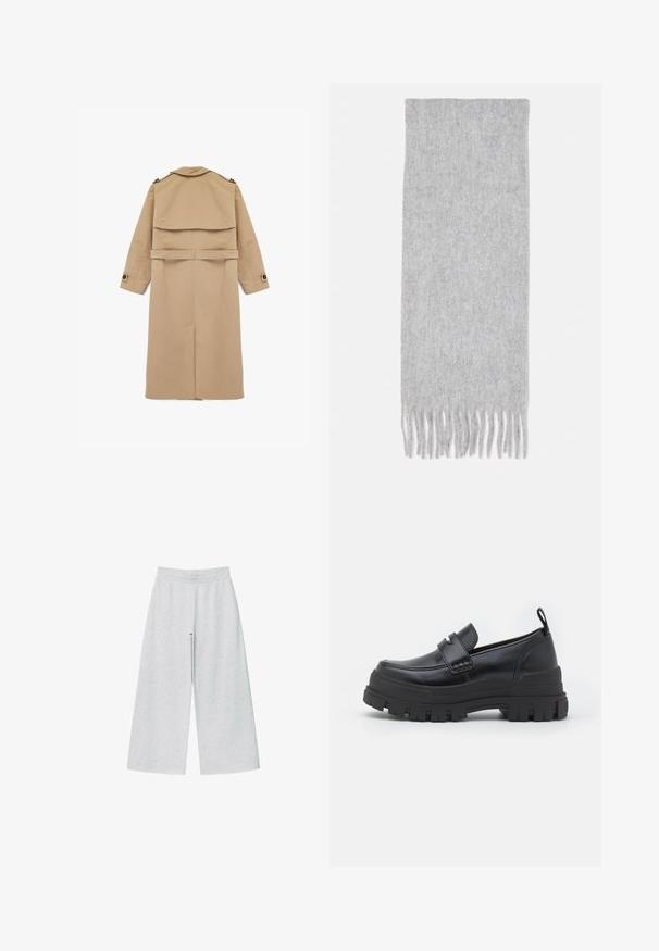 Trench coat beige realizzata in tessuto liscio, caratterizzata da un design doppiopetto, uno spacco sul retro e una vita con cintura, con dettagli a bottoni sulle maniche.; Cardigan cropped grigio chiaro con maniche lunghe, scollo rotondo e cinque bottoni frontali su uno sfondo bianco.; Camicia bianca a maniche lunghe con colletto classico, chiusura frontale con bottoni e tessuto di cotone liscio. Design minimalista, senza motivi o accenti.; Pantaloni a gamba larga grigio chiaro realizzati in un morbido tessuto con cintura elastica. Il design presenta una vestibilità ampia per comfort e facilità di movimento.; Scarpa slip-on in pelle nera con una robusta suola in gomma nera. Presenta una banda ampia sulla parte anteriore e un design cucito attorno alla punta.; Sciarpa di lana grigia con una texture morbida, forma rettangolare e estremità frangiate, adatta per il calore e per essere stratificata in climi più freddi.