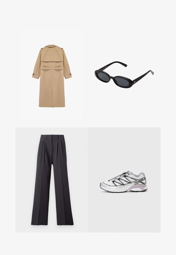 Beige trench coat made of smooth fabric, featuring a double-breasted design, back flap, and belted waist with button accents on the sleeves.; Light gray cropped cardigan with long sleeves, round neckline, and five front buttons on a white background.; White cotton tank top with a ribbed texture, sleeveless design, and a round neckline. Features a label at the neck reading "WEEKDAY."; Wide-leg trousers in dark grey fabric. Features pleats at the waist, a fitted waistband, and a smooth texture. No visible patterns or hardware.; Running shoe with a lightweight, white mesh upper, silver accents, and black lacing system; features a textured sole for traction.; Black oversized sunglasses with oval lenses, smooth plastic frame, and gold accents on temple. Dark lenses provide sun protection.; Gray wool scarf featuring a soft texture, rectangular shape, and fringed ends, suitable for warmth and layering in colder weather.; Dark brown suede shoulder bag with adjustable strap, gold-tone hardware, and a large front flap closure.