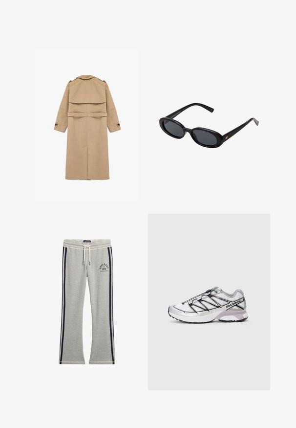 Beige trenchcoat lavet af glat stof, med dobbeltbrystet design, rygklap og bælte i taljen med knapdetaljer på ærmerne.; Lys grå cropped cardigan med lange ærmer, rund halsudskæring og fem frontknapper på en hvid baggrund.; Hvid bomulds tanktop med ribbet tekstur, ærmeløst design og rund halsudskæring. Har et mærke ved halsen med teksten "WEEKDAY."; Grå sweatpants lavet af en bomuldsblanding, med marineblå sidelogo-striber, en elastisk talje og et logo-print i øverste venstre hjørne.; Løbesko med en let, hvid mesh-overdel, sølv accenter og sort snøresystem; har en tekstureret sål for greb.; Store store; Grå uldhalstørklæde med en blød tekstur, rektangulær form og frynser i enderne, velegnet til varme og lag-på-lag i koldere vejr.; Mørkebrun skuldertaske i ruskind med justerbar rem, guldtonede beslag og en stor frontklaplukning.