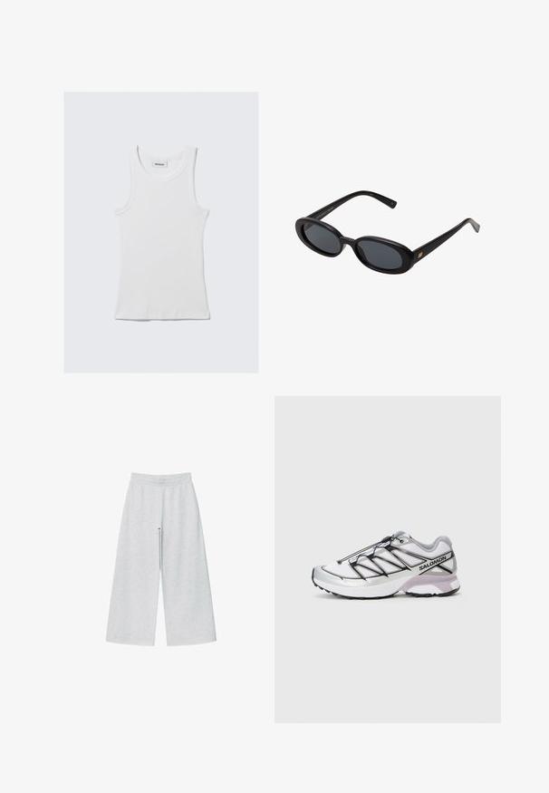 Beige trenchcoat i slät tyg, med dubbelknäppt design, bakflik och bälte i midjan med knappdetaljer på ärmarna.; Ljusgrå kort cardigan med långa ärmar, rund halsringning och fem framknappar på en vit bakgrund.; Vit bomullstopp med ribbad textur, ärmlös design och rund halsringning. Har en etikett vid nacken med texten "WEEKDAY."; Ljusgrå vida byxor i mjukt tyg med elastisk midja. Designen har en lös passform för komfort och rörelsefrihet.; Löparskor med ett lätt, vitt meshtyg, silverdetaljer och svart snörningssystem; har en texturerad sula för bra grepp.; Svarta överdimensionerade solglasögon med ovala linser, slät plastbåge och guldaccent på bågarna. Mörka linser ger solskydd.; Grå ullsjal med en mjuk textur, rektangulär form och fransiga ändar, lämplig för värme och lager på lager i kallare väder.; Mörkbrun väska i mocka med justerbar axelrem, guldfärgade beslag och en stor klaff med stängning framtill.