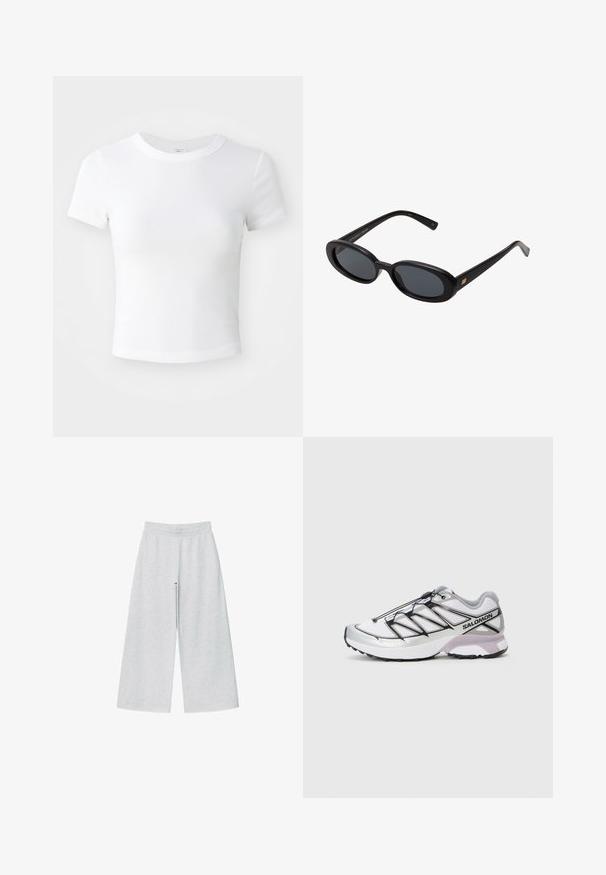 Beżowy płaszcz trenchowy wykonany z gładkiego materiału, z podwójnymi guzikami, tylnym klapem oraz paskiem w talii z guzikowymi akcentami przy rękawach.; Jasnoszara krótka kardigan z długimi rękawami, okrągłym dekoltem i pięcioma guzikami z przodu na białym tle.; Plainna biała krótka koszulka z krótkim rękawem i okrągłym dekoltem, prezentowana na neutralnym jasnym tle.; Jasnoszare szerokie spodnie wykonane z miękkiego materiału z elastycznym paskiem. Projekt charakteryzuje się luźnym krojem dla komfortu i swobody ruchów.; Buty do biegania z lekką, białą siateczką, srebrnymi akcentami i czarnym systemem sznurowania; posiadają teksturowaną podeszwę zapewniającą przyczepność.; Czarne, oversize okulary przeciwsłoneczne z owalnymi soczewkami, gładkim plastikowym mostkiem i złotymi akcentami na zausznikach. Ciemne soczewki zapewniają ochronę przed słońcem.; Szary wełniany szalik o miękkiej teksturze, prostokątnym kształcie i frędzlach na końcach, idealny na ciepło i warstwy w chłodniejszą pogodę.; Ciemnobrązowa zamszowa torba na ramię z regulowanym paskiem, złotym metalowym okuciem oraz dużą przednią klapą zamykającą.