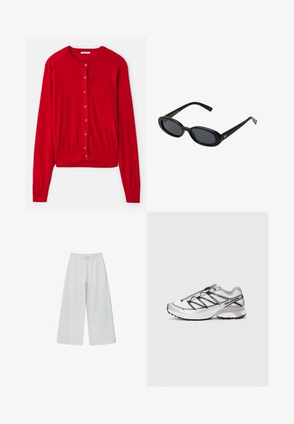 Trench coat beige realizzata in tessuto liscio, caratterizzata da un design doppiopetto, uno spacco sul retro e una vita con cintura, con dettagli a bottoni sulle maniche.; Cardigan rosso con maniche lunghe, scollatura rotonda e otto bottoni abbinati. Tessuto morbido con polsini e orlo a costine. Design leggero.; Top in cotone bianco senza maniche, con una texture a coste e scollatura rotonda. Presenta un'etichetta sul collo con la scritta "WEEKDAY".; Pantaloni a gamba larga grigio chiaro realizzati in un morbido tessuto con cintura elastica. Il design presenta una vestibilità ampia per comfort e facilità di movimento.; Scarpa da corsa con una parte superiore in rete bianca leggera, dettagli argentati e sistema di lacci neri; presenta una suola strutturata per la trazione.; Occhiali da sole neri oversize con lenti ovali, montatura in plastica liscia e accenti dorati sulle tempie. Le lenti scure offrono protezione dal sole.; Sciarpa di lana grigia con una texture morbida, forma rettangolare e estremità frangiate, adatta per il calore e per essere stratificata in climi più freddi.; Borsa a tracolla in camoscio marrone scuro con tracolla regolabile, dettagli in metallo color oro e grande chiusura a patta frontale.