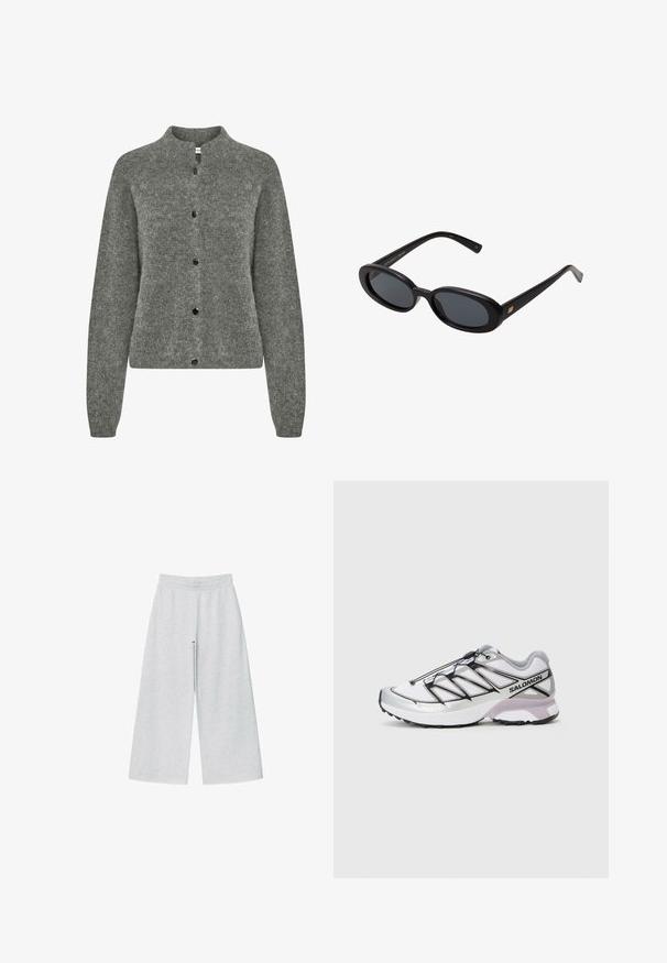 Beiger Trenchcoat aus glattem Stoff, mit doppelter Knopfleiste, Rückenklappe und tailliertem Gürtel mit Knopfakzenten an den Ärmeln.; Grauer Cardigan aus strukturiertem Strickstoff, mit rundem Halsausschnitt, langen Ärmeln und schwarzen Knöpfen entlang der Front.; Weißes Baumwoll-Top mit gerippter Textur, ärmellosem Design und rundem Ausschnitt. Mit einem Etikett am Hals mit der Aufschrift "WEEKDAY."; Helle graue weit geschnittene Hose aus weichem Stoff mit elastischem Bund. Das Design bietet eine lockere Passform für Komfort und Bewegungsfreiheit.; Laufschuh mit einem leichten, weißen Mesh-Obermaterial, silbernen Akzenten und schwarzem Schnürsystem; verfügt über eine strukturierte Sohle für Traktion.; Schwarze, oversized Sonnenbrillen mit ovalen Gläsern, glattem Kunststoffrahmen und goldenen Akzenten an den Bügeln. Die dunklen Gläser bieten Sonnenschutz.; Grau gestrickter Wollschal mit weicher Textur, rechteckiger Form und fransigen Enden, geeignet für Wärme und zum Schichten an kalten Tagen.; Dunkelbraune Wildleder-Umhängetasche mit verstellbarem Riemen, goldfarbenen Beschlägen und großem vorderem Überschlagverschluss.