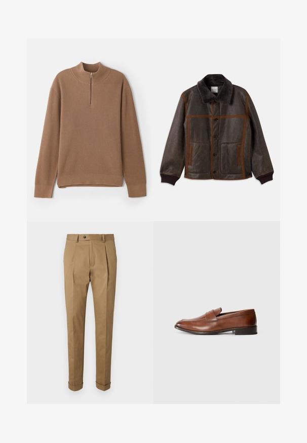 Braune Lederjacke mit weichem, dunklem Kragen, kontrastierenden braunen Nähten, Knopfverschluss und zwei Fronttaschen. Gerippte Bündchen und Saum.; Brauner gerippter Pullover mit hohem Kragen und halbem Reißverschluss. Verfügt über lange Ärmel und einen geraden Saum mit seitlichen Schlitzen für mehr Bewegungsfreiheit.; Khakifarbene Anzughosen mit maßgeschneiderter Passform, versehen mit Falten, Knopfverschluss, Gürtelschlaufen und umgeschlagenen Säumen. Hergestellt aus glattem, strapazierfähigem Stoff.; Braune Lederloafers mit gerundeter Zehenform, minimaler Naht und niedrigem Blockabsatz. Verfügt über einen dekorativen Riemen über dem Spann.