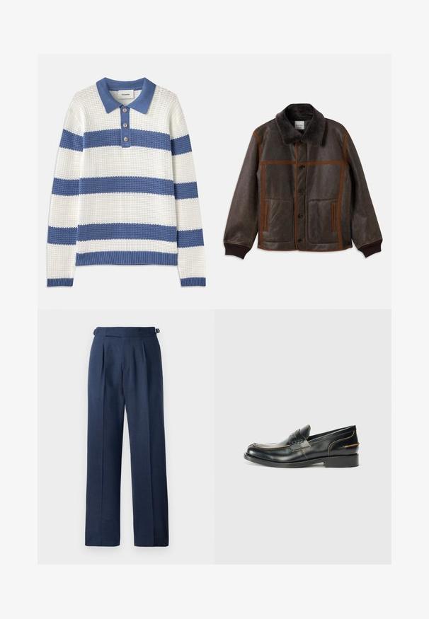 Barna bőrkabát puha sötét szegéllyel, kontrasztos barna varrásokkal, gombos záródással és két elülső zsebbel. Bordázott mandzsetták és alsó szegély.; Fehér és kék vízszintes csíkos pulóver, kötött textúrával, gallérral és három gombbal. Domború mandzsetták és derék, laza fit.; Sötétkék, szabott nadrág, texturált anyagból készült, magas derékkal, redőkkel és állítható oldalszíjakkal a megfelelő illeszkedés érdekében.; Fekete bőr lófarokcipők elegáns dizájnnal, finom varrással és alacsony sarokkal, egy sima fehér háttér előtt.