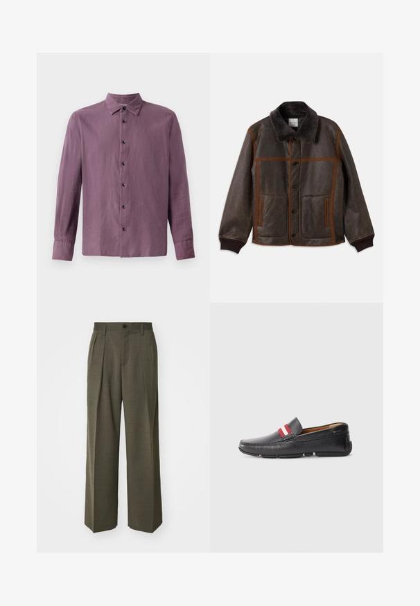 Bruine leren jas met een zachte donkere kraag, contrasterende bruine stiksel, knoopsluiting en twee voorknoopzakken. Geribde boorden en zoom.; Langsleeve shirt in lichtpaarse stof, met een knoopsluiting aan de voorkant met zwarte knopen en een klassieke kraag. Gladde textuur, rechte snit.; Filippa K WIDE TROUSERS - Broek - driftwood; Zwarte leren instapschoen met een gestructureerd oppervlak, rode en witte gestreepte accenten op de bovenkant, ronde neus en rubberen zool.