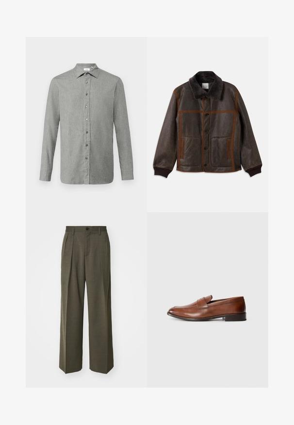 Brązowa skórzana kurtka z miękkim ciemnym kołnierzem, kontrastującym brązowym przeszyciem, zapięciem na guziki oraz dwoma przednimi kieszeniami. Żebrowane mankiety i dół.; Jasnoszara koszula zapinana na guziki wykonana z teksturowanej tkaniny, z klasycznym kołnierzykiem, długimi rękawami i szarymi guzikami z przodu.; Filippa K - Spodnie materiałowe; Brązowe skórzane loafersy z okrągłym toe, minimalnym przeszyciem i niskim blokowym obcasem. Posiadają dekoracyjną taśmę na wierzchu.