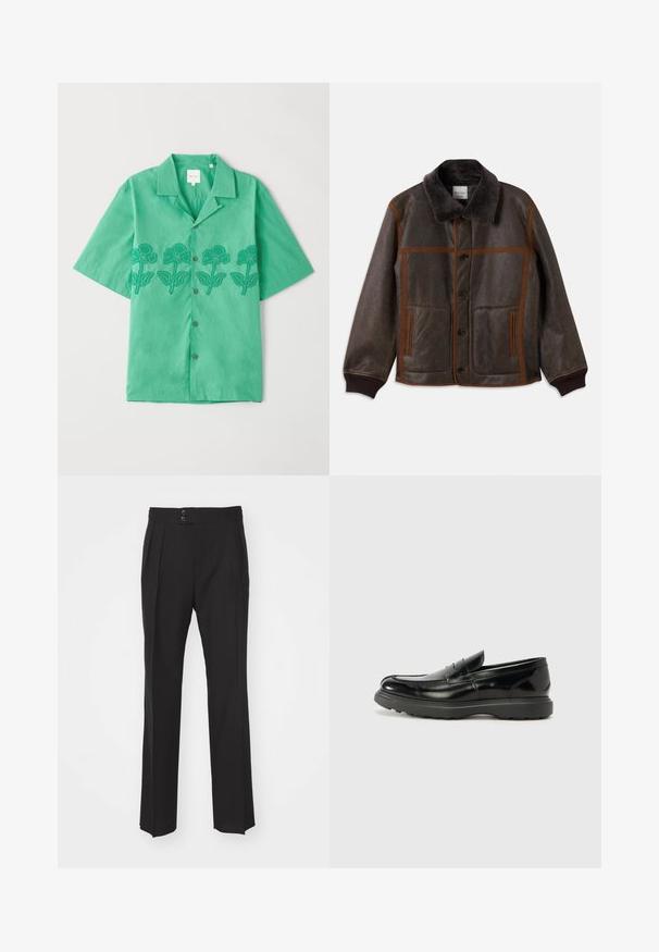 Veste en cuir marron avec un col sombre et doux, des coutures brunes contrastantes, une fermeture à boutons et deux poches avant. Poignets et ourlet côtelés.; Chemise à manches courtes verte en tissu doux, ornée d'une broderie florale vert foncé sur le devant, avec un bouton de fermeture et un col classique.; Pantalons noirs ajustés avec une coupe droite, deux poches avant et une fermeture à double bouton à la taille. Tissu au toucher lisse.; Mocassin en cuir noir avec une finition brillante, bout arrondi, détails de couture subtils et semelle en caoutchouc épaisse pour la durabilité.
