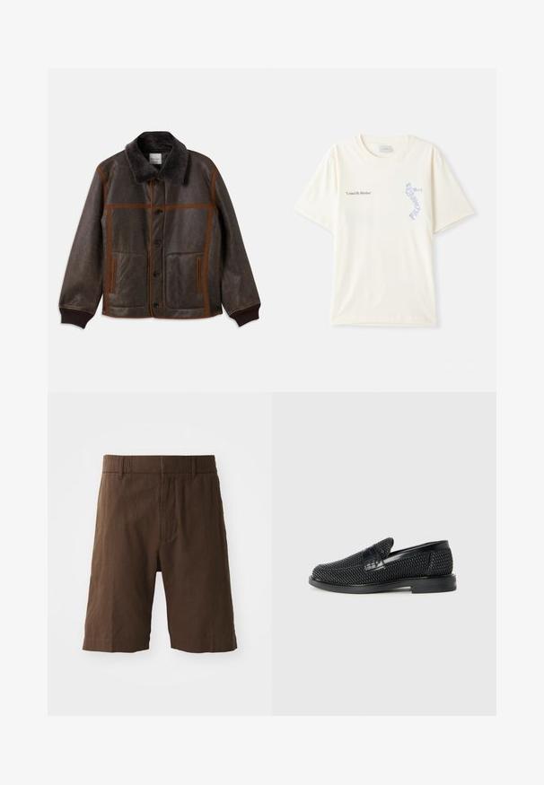 Braune Lederjacke mit weichem, dunklem Kragen, kontrastierenden braunen Nähten, Knopfverschluss und zwei Fronttaschen. Gerippte Bündchen und Saum.; Weißes Baumwoll-T-Shirt mit kurzen Ärmeln, mit dem Aufdruck "United By Rhythm" in Schwarz und blauer Grafik auf der Brust. Rundhalsausschnitt.; Braune Leinen-Shorts mit lockerem Schnitt, elastischem Bund und geraden Beinen. Glatte Textur mit einem einfachen, klaren Design.; Schwarzer geflochtener Slipper mit einem glatten Lederakzent im Obermaterial, einem runden Zehendesign und einer flachen Gummisohle.