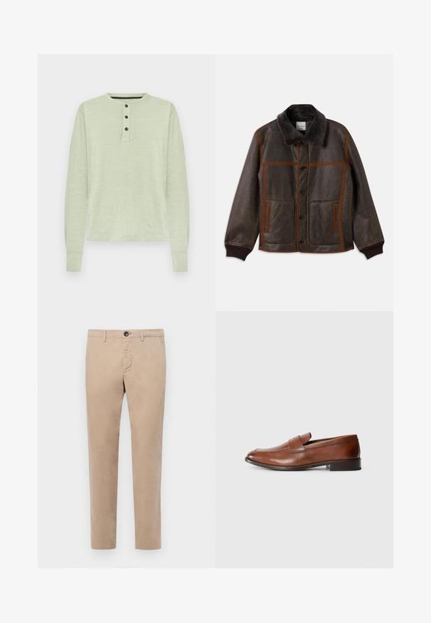 Brūns ādas jaka ar mīkstu tumšu apkakli, kontrastējošām brūnām šuvēm, pogu aizdari un divām priekšējām kabatām. Ribota piedurkņu un apakšmalas dizains.; Gai zaļš krekls ar garām piedurknēm, apaļo kakla izgriezumu, trīs pogu aizdari un ribotām piedurknēm; izgatavots no mīksta, teksturēta auduma.; Bežīgas kokvilnas bikses ar taisnu piegriezumu, ar rāvējslēdzēju, pogu aizdari un sānu kabatām. Gluda tekstūra un pieguļošs piegrieziens.; Brūni ādas loaferi ar apaļu purngalu, minimālu stīgnojumu un zemu bloku papēdi. Iekļauts dekoratīvs siksniņš pāri augšdaļai.