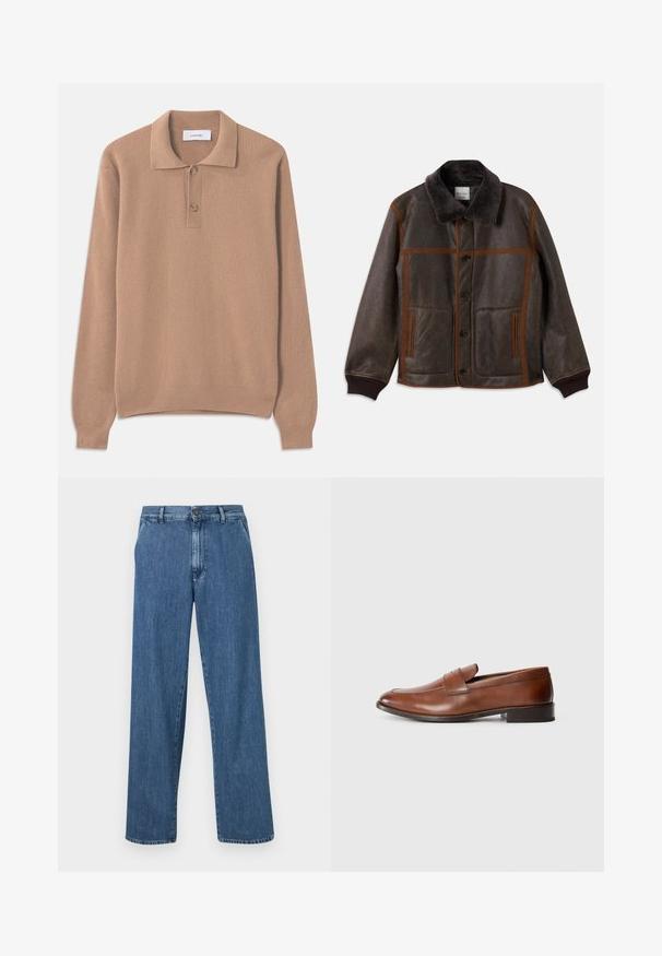 Bruine leren jas met een zachte donkere kraag, contrasterende bruine stiksel, knoopsluiting en twee voorknoopzakken. Geribde boorden en zoom.; Beige geribde gebreide trui met lange mouwen, een polokraag en twee knopen bij de halsopening. Zachte textuur en rechte zoom.; Herlijf blauwe denim jeans met wijde pijpen, voorzien van een knoopsluiting, voorzakken en een klassieke rechte pasvorm met een vervaagde afwerking.; Bruid leren instappers met een ronde neus, minimale stiksels en een lage blokhak. Kenmerkt zich door een decoratieve band over de wreef.