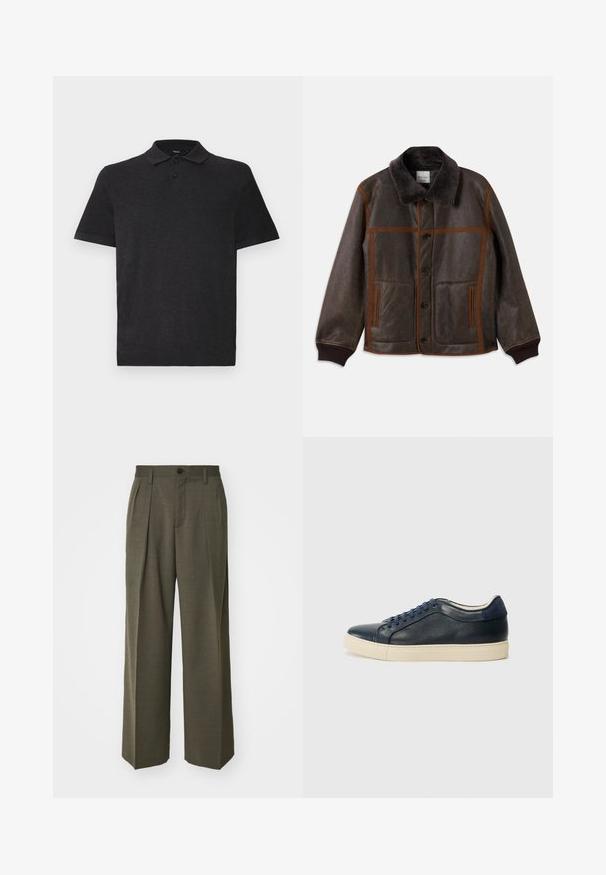 Brūns ādas jaka ar mīkstu tumšu apkakli, kontrastējošām brūnām šuvēm, pogu aizdari un divām priekšējām kabatām. Ribota piedurkņu un apakšmalas dizains.; Melns polo krekls, izgatavots no gludas auduma, ar klasisku apkakli un trīs pogu aizdari. Īsas piedurknes ar brīvu piegriezumu.; Filippa K WIDE TROUSERS - Auduma bikses - driftwood; Tumši zilā ādas sporta apavi ar krēmkrāsas gumijas zoli, ar ziliem šņorēm un gludu tekstūru. Apaļa pirksta forma un minimālisma dizains.