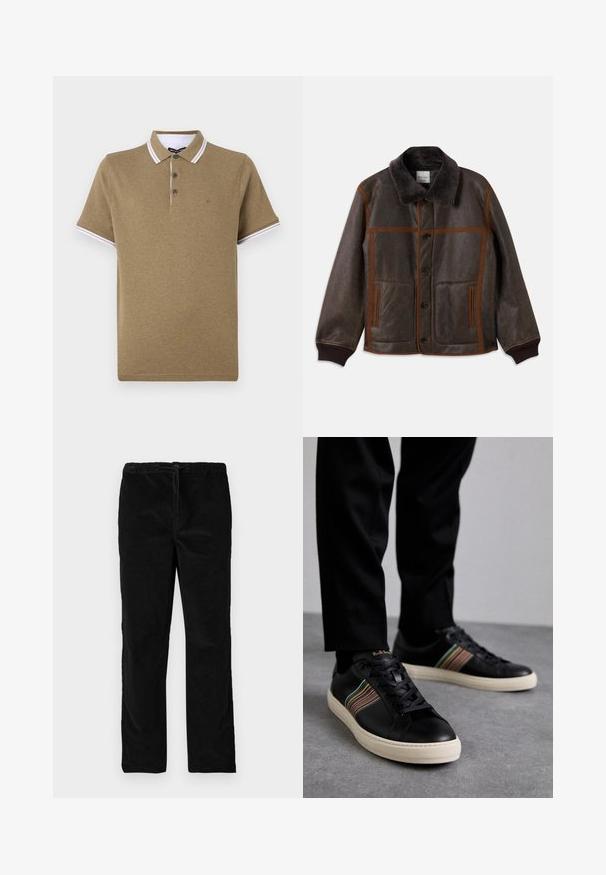 Ruskea nahkatakki pehmeällä tummalla kauluksella, kontrastoivalla ruskealla ompeleella, nappikiinnityksellä ja kahdella etutaskulla. Ribbaatut hihansuut ja helma.; Ruskea puuvillapolo-paita, jossa on valkoinen raidallinen kaulus, kaksipainikeinen nappilista ja pieni logo rinnassa. Lyhyet hihat, rento muotoilu.; Mustat suorat samettihousut, joissa on joustava vyötärö ja etulenkki, esillä yksinkertaisen valkoisen taustan edessä.; Mustat nahkakengät, joissa on moniväriset raidalliset yksityiskohdat, pyöreä kärki ja valkoiset kumipohjat. kengissä on nauhakiinnitys ja kohokuvioitu brändäys.