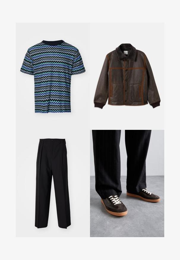 Rudas odinis švarkas su minkštu tamsiu apykakle, kontrastingos rudos siūlės, sagčių uždarymas ir dvi priekinės kišenės. Raukšlėti rankogaliai ir apačia.; Trumpas rankovėmis marškinėliai, juodos spalvos, su zigzago raštu mėlynos, žalios ir baltos spalvos. Pagaminti iš lygios, lengvos medžiagos.; Juodi klostuoti kelnių, su tiesiu, plačiu kojų dizainu. Pagaminti iš lygios medžiagos, su mygtukų uždarymu ir diržo kilputėmis.; Tamsiai rudi zomšiniai sportbačiai su grietinėlės spalvos nėriniais, baltais akcentais ir šviesiai ruda gumine padanga. Dėvimi su juodomis juostuotomis kelnėmis.