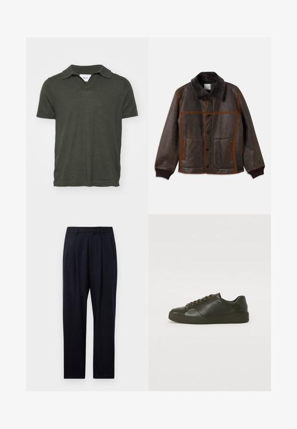 Brun läderjacka med en mjuk mörk krage, kontrasterande bruna sömmar, knappstängning och två framlommor. Ribbad mudd och nederkant.; NN.07 RYAN  - Piké - dark green; Marinblå byxor i rak modell, med en strukturerad tyg, två framveck, bälteshällor och dragkedjestängning.; Mörkgrön lädersneaker med bruna snören, rundad tå och en texturerad gummisula. Slät yta med minimala sömnadsdetaljer.