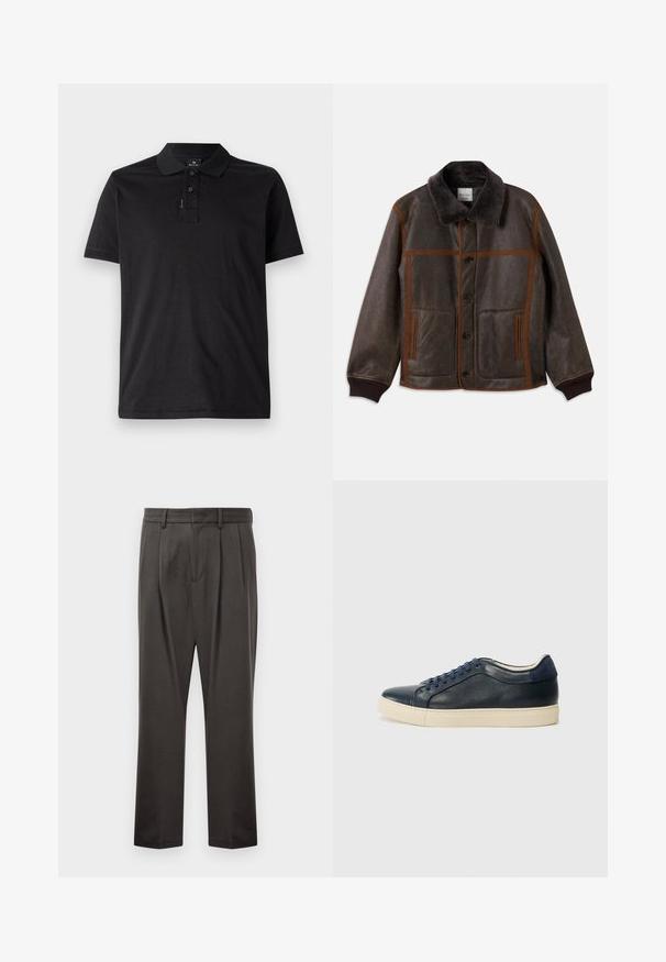 Casaco de couro castanho com um colarinho escuro e suave, costura castanha em contraste, fecho de botão e dois bolsos frontais. Punhos e bainha com nervuras.; Polo preto feito de algodão macio, com gola, pala de três botões e mangas curtas. Design simples e clássico.; Calças cinza escuras feitas de um tecido texturizado, com frente lisa, pregas, pernas direitas e passadores de cinto. Sem hardware ou padrões visíveis.; Sapatilha de couro azul-marinho com sola de borracha creme, apresentando atacadores azuis e uma textura suave. Bico arredondado e design minimalista.