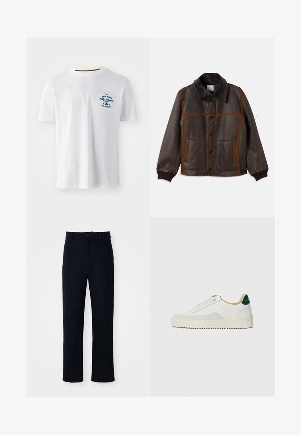 Ruskea nahkatakki pehmeällä tummalla kauluksella, kontrastoivalla ruskealla ompeleella, nappikiinnityksellä ja kahdella etutaskulla. Ribbaatut hihansuut ja helma.; Valkoinen puuvillapaita lyhyillä hihoilla, jossa on sininen painatus edessä. Pyöreä kaula-aukko, jossa on kontrastivärinen sisäreuna.; Tummansinisiä puuvillapantaloonia, joissa on suora lahjemuotoilu, etupainikekiinnitys ja klassinen vyötärö vyölenkeillä.; Valkoiset tennarit, joissa on nahkaosia, pyöreä kärki, tasaiset nauhat ja kermaisa kumi-pohja. Takana vihreä brändäys.