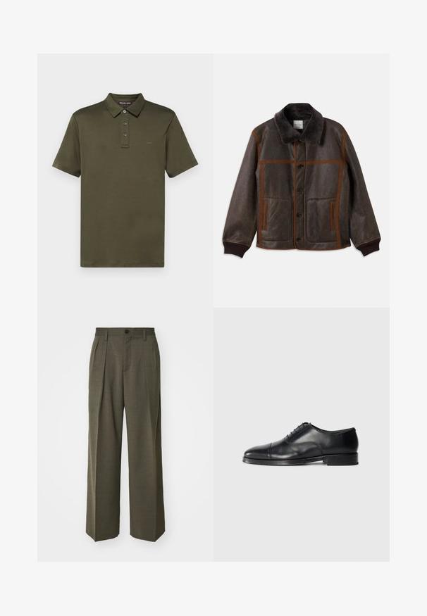 Καφέ δερμάτινο μπουφάν με μαλακό σκούρο γιακά, αντίθετη καφέ ραφή, κούμπωμα με κουμπιά και δύο μπροστινές τσέπες. Ραμμένα μανίκια και στρίφωμα.; Michael Kors SLEEK NEW - Βασικό μπλουζάκι - ivy; Filippa K WIDE TROUSERS - Παντελόνι - driftwood; Μαύρο δερμάτινο παπούτσι φόρεμα με στρογγυλή μύτη, λεία υφή, σχέδιο με κορδόνια και διακριτική ραφή, διαθέτοντας χαμηλό, επίπεδο τακούνι.