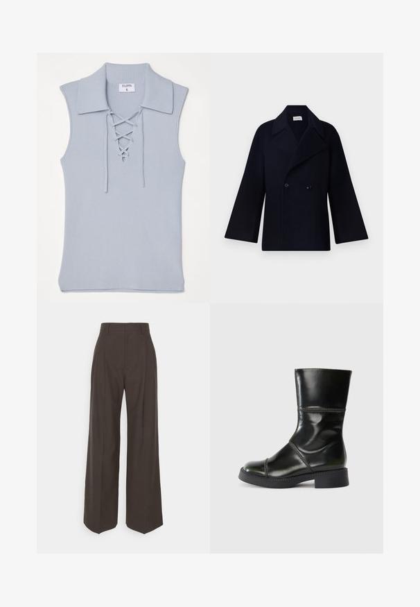 Navy double-breasted coat with wide lapels and oversized sleeves, made of textured fabric. Features two black buttons and minimalistic design.; Filippa K LACED COLLAR  - Top - ice blue; Dark brown wide-leg trousers with a high waist, featuring neatly pressed creases, smooth texture, and a tailored fit.; Black leather ankle boot with a rounded toe, smooth finish, contrasting stitching, and a block heel, featuring a slightly tapered silhouette.