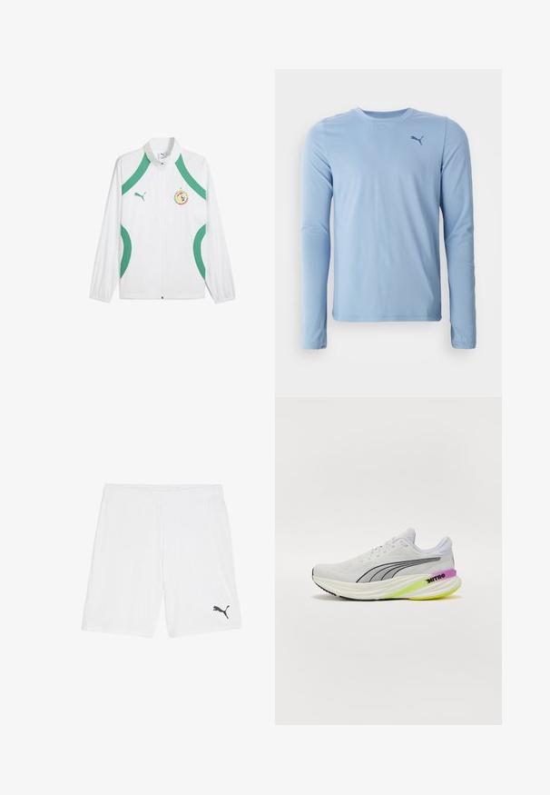 Weißer Sportblazer mit grünen Akzenten und Schnürsenkeln, mit Reißverschluss vorne, hohem Kragen und einem Logo-Patch auf der Brust.; Hellsblaues Langarmshirt aus weichem, elastischem Material. Mit Rundhalsausschnitt und kleinem dunklen Logo auf der linken Brust.; Weiße Sportshorts aus leichtem Material, mit einem elastischen Bund und einem kleinen schwarzen Logo auf der unteren linken Seite.; Weißer Sportschuh mit atmungsaktivem Obermaterial aus Mesh, schwarzen Akzenten und einer mehrfarbigen Sohle mit lila und grünen Details.