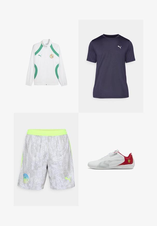 Biała kurtka sportowa z zielonymi akcentami i sznurówkami, z zamkiem z przodu, wysokim kołnierzem oraz naszywką z logo na klatce piersiowej.; Ciemnoniebieska koszulka z gładkiego materiału, z okrągłym dekoltem i krótkimi rękawami. Biały logo Puma na lewej piersi.; Jasnoszare spodnie sportowe z neonowozielonym pasem w talii i bocznymi paskami, z herbem Manchester City i logiem Pumy z przodu.; Białe buty sportowe o gładkiej teksturze, z czerwonymi akcentami, perforowanymi detalami i srebrnym akcentem przy sznurowadłach; mają logo Ferrari na pięcie.