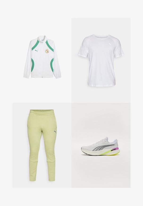 Weißer Sportblazer mit grünen Akzenten und Schnürsenkeln, mit Reißverschluss vorne, hohem Kragen und einem Logo-Patch auf der Brust.; Weißes, kurzärmliges Sportshirt mit glatter Textur. Es hat einen runden Ausschnitt und ein kleines Logo in einer hellen Farbe auf der linken Brust.; Hellgrüne Sweatpants mit schmaler Passform, elastischem Bund, seitlichen Taschen und einem kleinen grauen Puma-Logo am linken Oberschenkel.; Weißer Sportschuh mit atmungsaktivem Obermaterial aus Mesh, schwarzen Akzenten und einer mehrfarbigen Sohle mit lila und grünen Details.