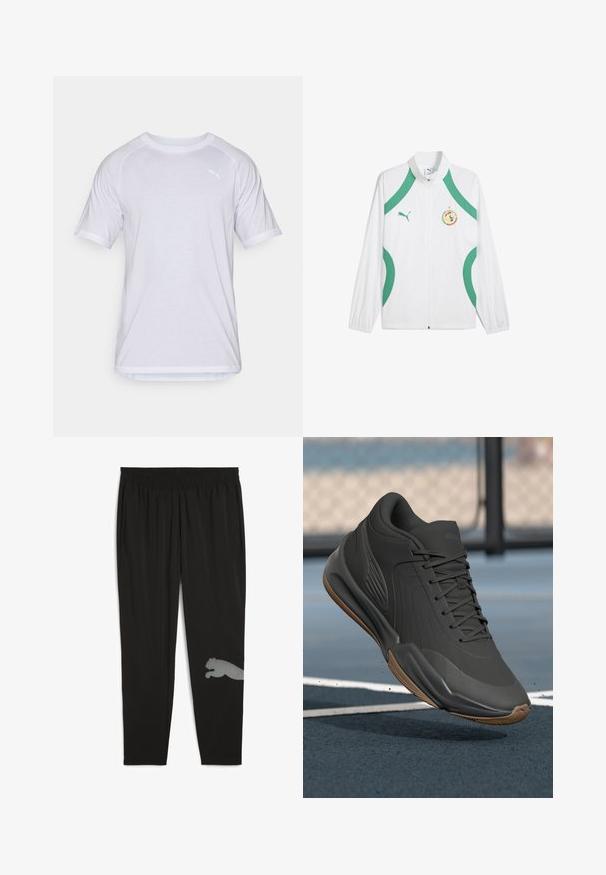 Fehér sportzakó zöld díszítésekkel és zsinórokkal, elöl cipzárral, magas gallérral és mellkason elhelyezett logóval.; Fehér, rövid ujjú póló kerek nyakkal, lapos varrásokkal és diszkrét logótól kiemelt mellrésszel. Könnyű, lélegző anyagból készült.; Fekete sportos nadrág könnyű anyagból. Rugalmas derékpánttal, oldalsó zsebekkel és a lábszáron visszaverődő puma mintával rendelkezik.; Fekete sportcipő sima szintetikus felsőrésszel, mintás díszítésekkel és gumi talppal, melyet teljesítményre és kényelemre terveztek.