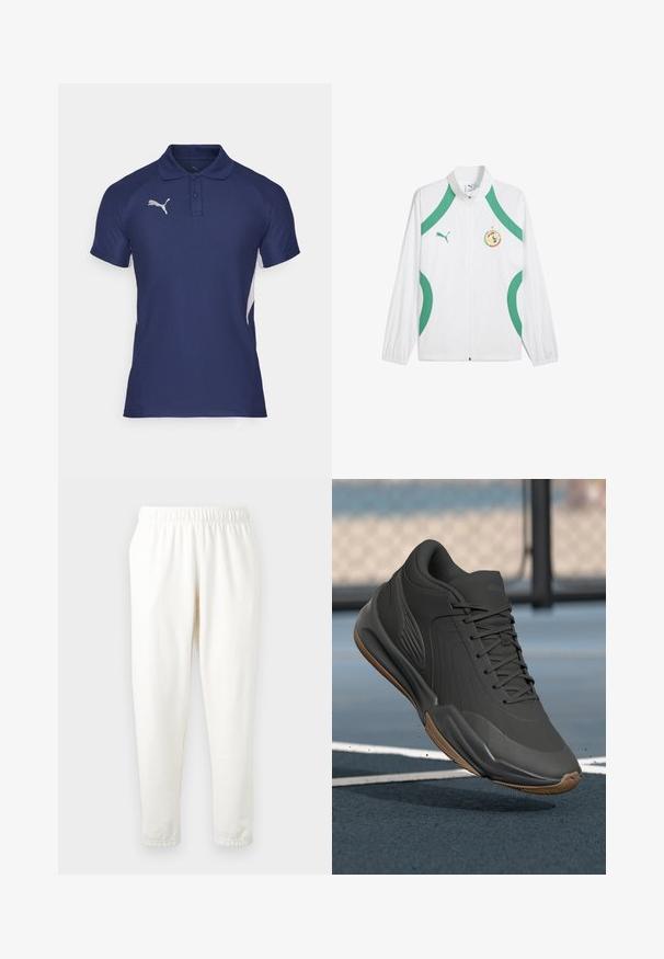 Biely športový sak s zelenými akcentmi a šnúrkami, s predným zipsom, vysokým golierom a logom na hrudi.; Námornícka modrá polo košeľa vyrobená z priedušného materiálu, s klasickým golierom, dvoma gombíkmi a bielymi akcentmi na strane. Strieborné logo na hrudi.; Krémové tepláky s elastickým pásom a zúženými nohavicami, vyrobené z mäkkého materiálu. Majú hladkú textúru a žiadne viditeľné vzory alebo akcenty.; Čierne športové topánky s hladkým syntetickým zvrškom, textúrovanými akcentmi a gumovou podrážkou, navrhnuté pre výkon a komfort.
