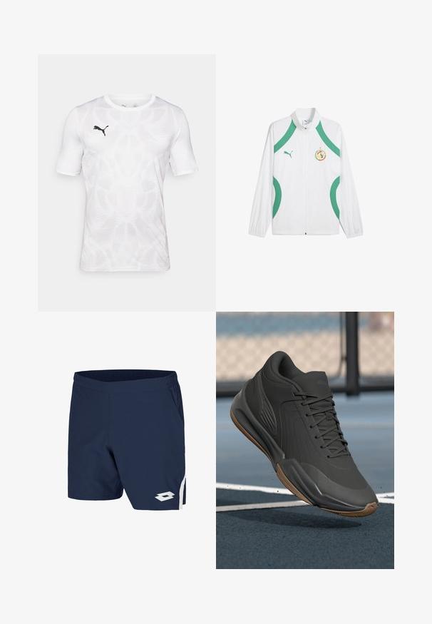 Vit sportjacka med gröna accenter och snöre, med dragkedja fram, hög krage och en logotypapplikation på bröstet.; Vit sportt-shirt med korta ärmar, med ett subtilt mönster och en svart Puma-logotyp på vänster bröst. Slät yta, rundad halsringning.; Marinblåa träning-shortsen med elastisk midja, sidofickor, en vit logotyp på vänster ben och vita randdetaljer på sidan.; Svart sportskor med en slät syntetisk ovandel, strukturerade detaljer och en sula i gummigummi, designad för prestanda och komfort.