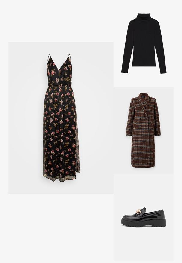 Dlhý hnedý károvaný kabát na dvojité zapínanie s klopovým golierom, čiernymi gombíkmi a vreckami s chlopňou, vystavený na bielom pozadí.; Čierne kvetinové maxi šaty s tenkými ramienkami, s výstrihom do V, s uťahovacím pásom a priesvitným overlayom. Kvetinový vzor v odtieňoch ružovej a zlatej.; Čierny rolák s dlhým rukávom, vyrobený z rebrovanej tkaniny, má priliehavý strih s vysokým golierom a bez vzorov alebo akcentov.; Čierne lakované kožené mokasíny s masívnou čiernou podošvou a zlatými detailmi. Hladká textura a design so zaoblenou špičkou.