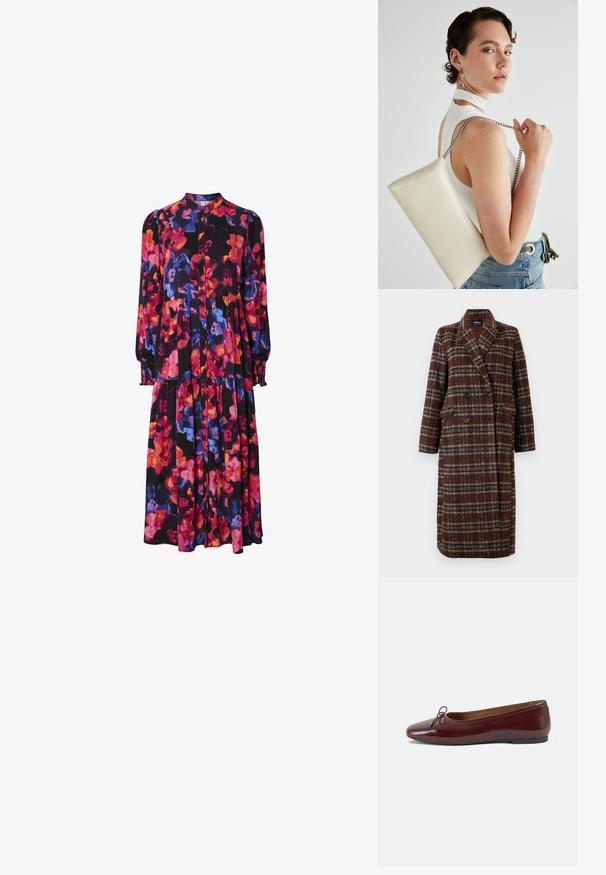 Casaco xadrez castanho de dupla face, com colarinho de lapela, botões pretos e bolsos de aba, exibido sobre um fundo branco.; Vestido floral de mangas longas com fundo preto e flores em tons de rosa, vermelho, roxo e azul, com botão na frente e bainha em camadas.; Bailarinas em couro sintético borgonha com bico redondo, pequeno laço na frente e sola baixa em borracha preta. Textura suave.; Bolsa de mão retangular branca, feita de material brilhante, com uma alça em corrente prateada. Modelo posa, exibindo a bolsa contra um fundo simples.
