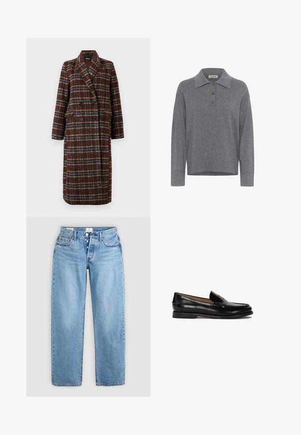 Ilgas dvigubas rudas langeliais paltas su apykakle, juodais mygtukais ir kišenėmis su atvartais, eksponuojamas ant balto fono.; Pilkas ilgas megztinis su ilgomis rankovėmis, apykakle ir trimis rudiem mygtukais priekyje, pažymėtas "soaked".; Šviesiai mėlyni džinsai su tiesiu kirpimu, penkiais kišenėmis ir mygtukų užtrauktuku. Yra siuvinėtas detalizavimas ir švarus apvadas.; Juodas odinis loafers stiliaus batelis su apvaliu nosimi, lengvai užsidedantis dizainas ir subtilūs siuvinėjimo detalės viršuje. Lygus guminis padas.