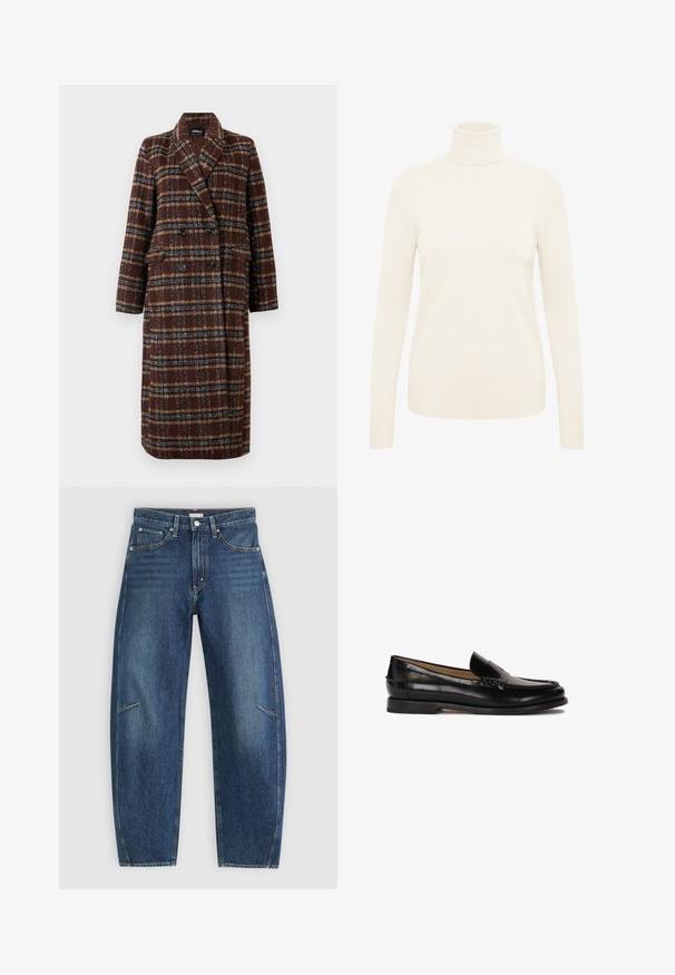 Hosszú, dupla soros barna kockás kabát, kapucnis gallérral, fekete gombokkal és hajtókás zsebekkel, fehér háttér előtt bemutatva.; Krém színű garbós pulóver puha kötött anyagból készült. Hosszú ujjakkal és bordázott mandzsettákkal, valamint alsó résszel rendelkezik.; Sötétkék farmernadrág egyenes lábbal, elülső zsebekkel, kontrasztöltéssel és enyhén kopott textúrával a lábakon.; Fekete bőr mokaszin lekerekített orral, slip-on kialakítással és finom varrás részletekkel a felsőrészen. Lapos gumitalp.