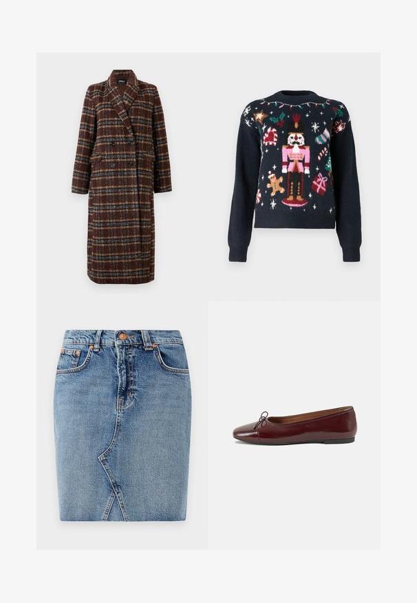Manteau long en plaid marron à double boutonnage avec col à revers, boutons noirs et poches à rabat, présenté sur un fond blanc.; Pull bleu marine présentant des motifs tricotés festifs, y compris un casse-noix, un bonhomme en pain d'épice, des cannes en sucre d'orge et des cadeaux avec des accents multicolores.; Jupon en denim bleu moyen, avec un design ajusté, des poches avant et un détail de couture en diagonale. Taille standard avec fermeture à bouton en métal.; Ballerines en cuir verni bordeaux avec un bout rond, un petit nœud décoratif à l'avant et une semelle en caoutchouc noire basse. Texture lisse.