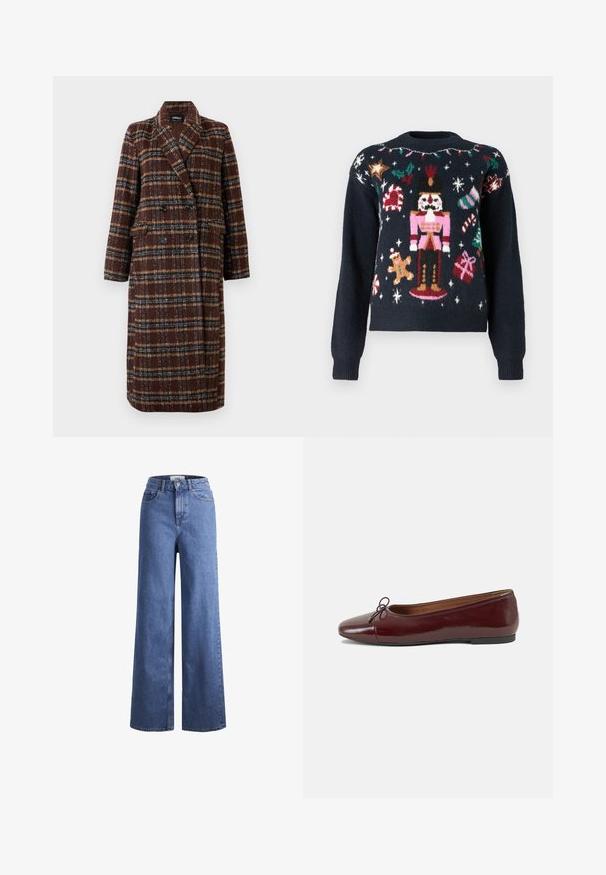 Casaco xadrez castanho de dupla face, com colarinho de lapela, botões pretos e bolsos de aba, exibido sobre um fundo branco.; Pulôver azul marinho com designs de malha festivos, incluindo um soldadinho de chumbo, um homem de gengibre, canes de açúcar e presentes com acentos multicoloridos.; Jeans de ganga azul claro, de perna larga e cintura alta, com dois bolsos frontais e costuras visíveis. Apresenta um fecho de botão e zíper.; Bailarinas em couro sintético borgonha com bico redondo, pequeno laço na frente e sola baixa em borracha preta. Textura suave.